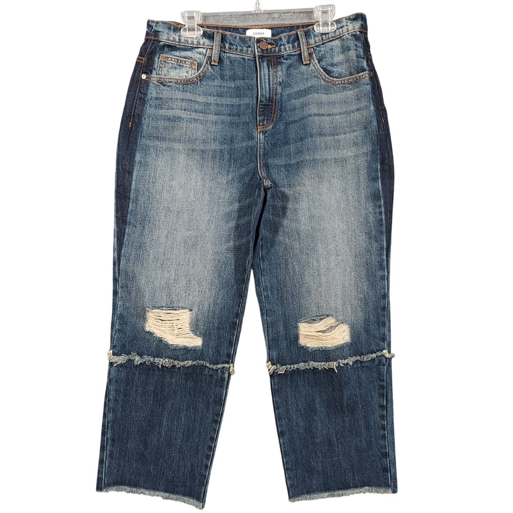 Ceros Jeans Womens Fits 34x25 Blue Distressed Patchwork Raw Hem‎ Cropped Pants